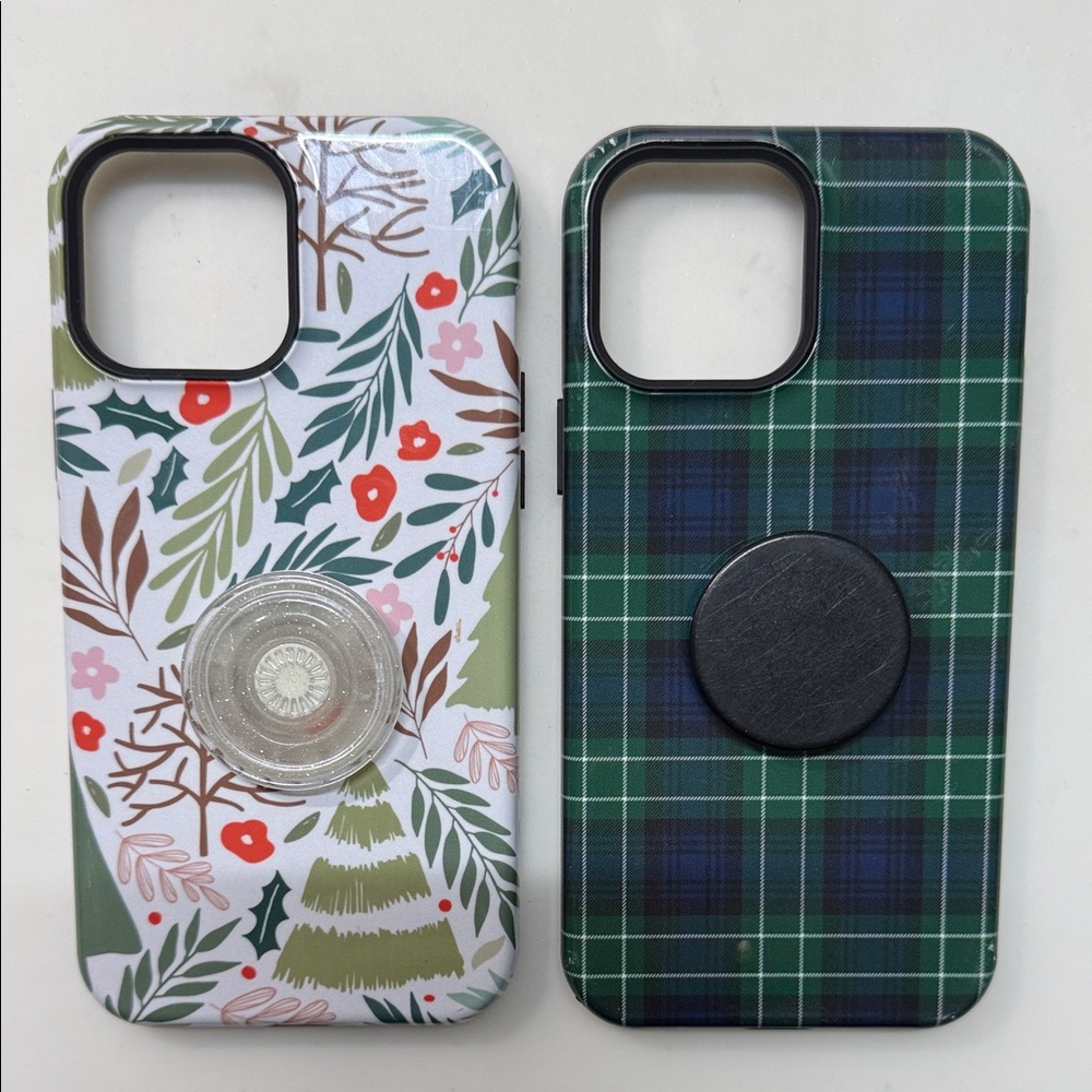 iPhone 13 Pro Max Holiday Floral and Plaid Phone Case Set - both with popsocket